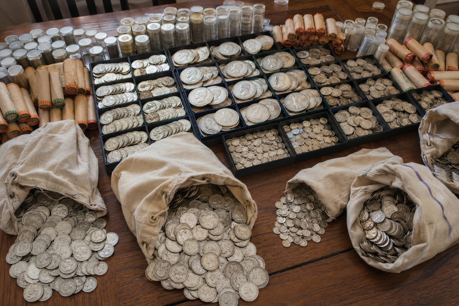 Large constitutional silver collection with circulated U.S. coins in bags, rolls, tubes, and trays