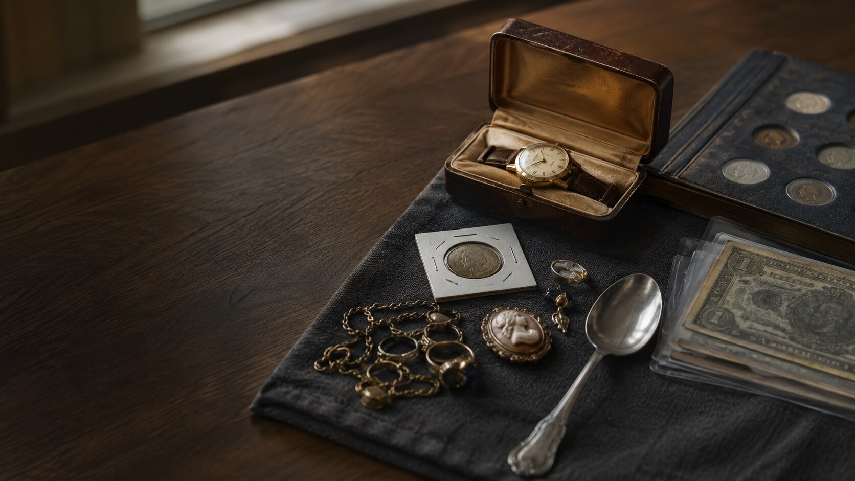 Vintage watch, coins, jewelry, paper currency and sterling prepared for careful estate review