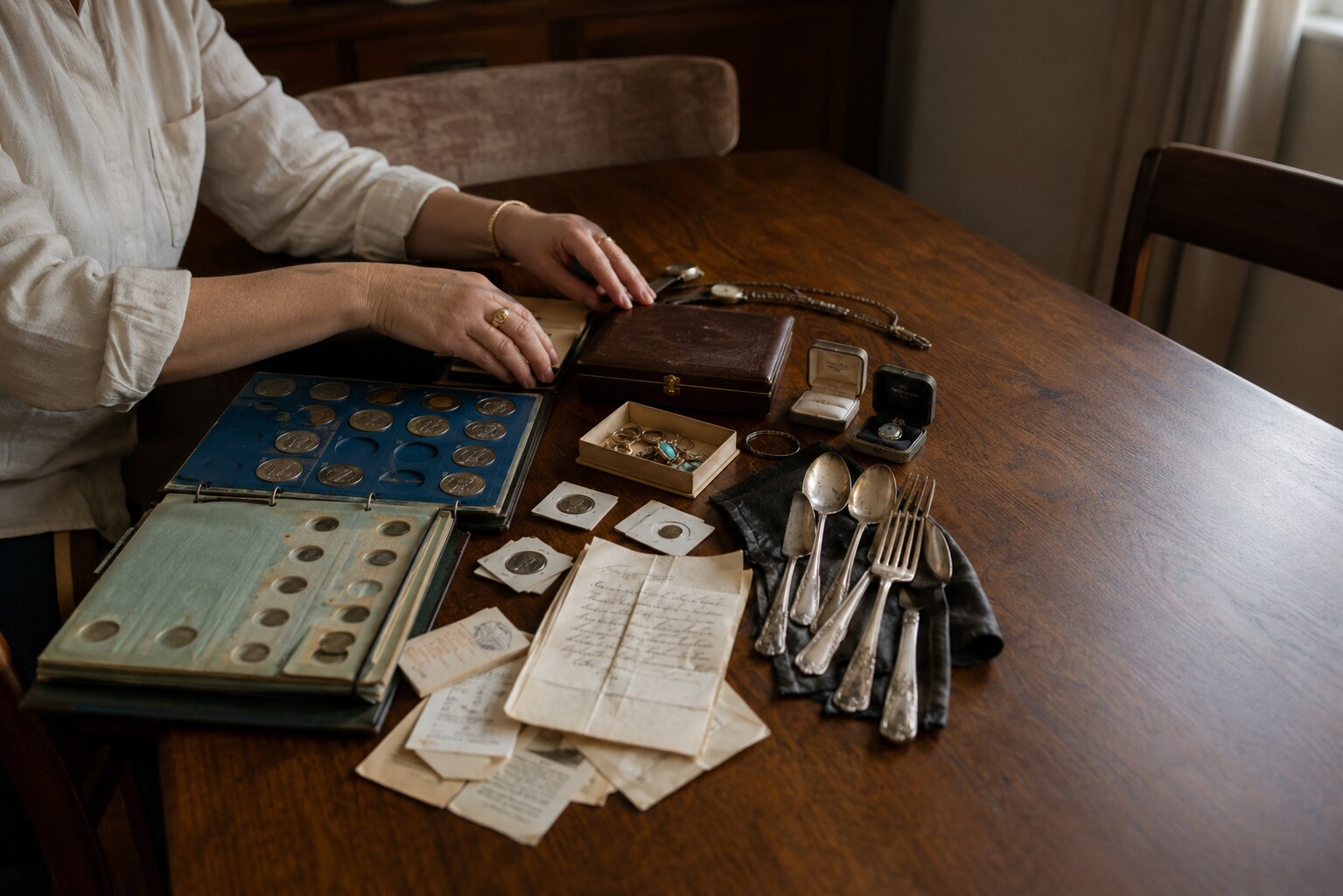 Inherited collection with coin albums, jewelry boxes, sterling and family records prepared for review