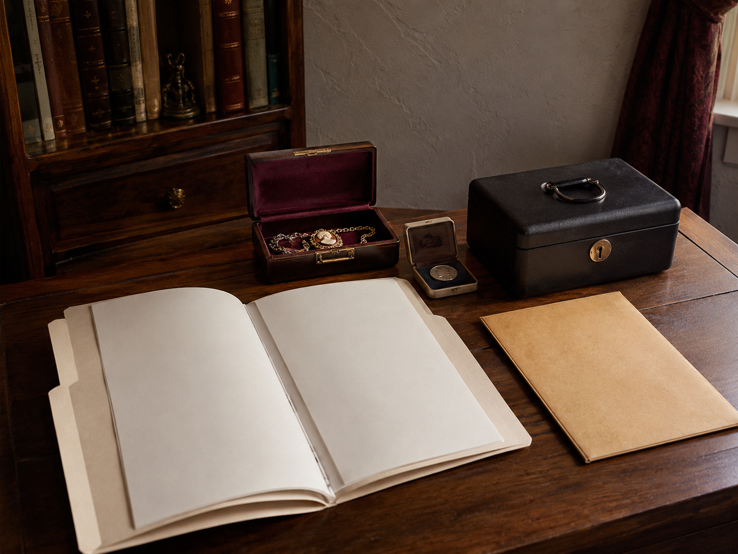 Collection records, a jewelry case, coin holder and secured document materials arranged for a private estate review.