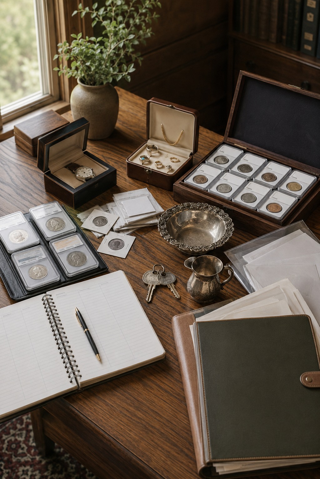 Organized estate collection records, coins, jewelry, watches, sterling pieces, and storage keys prepared for planning