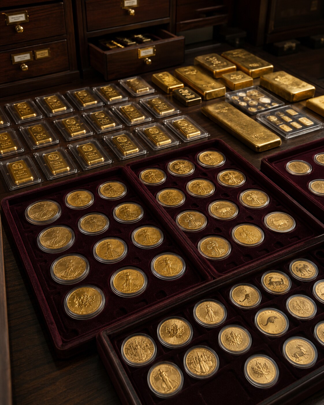 Large gold bullion collection with bars and coins arranged in trays