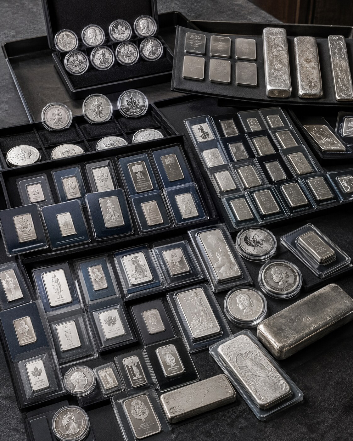 Platinum and palladium bullion bars and coins arranged as a substantial holding