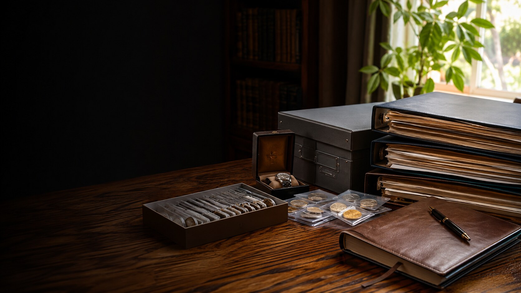 Organized private collection records, coins, and a watch prepared for careful documentation in Lebanon, Missouri.