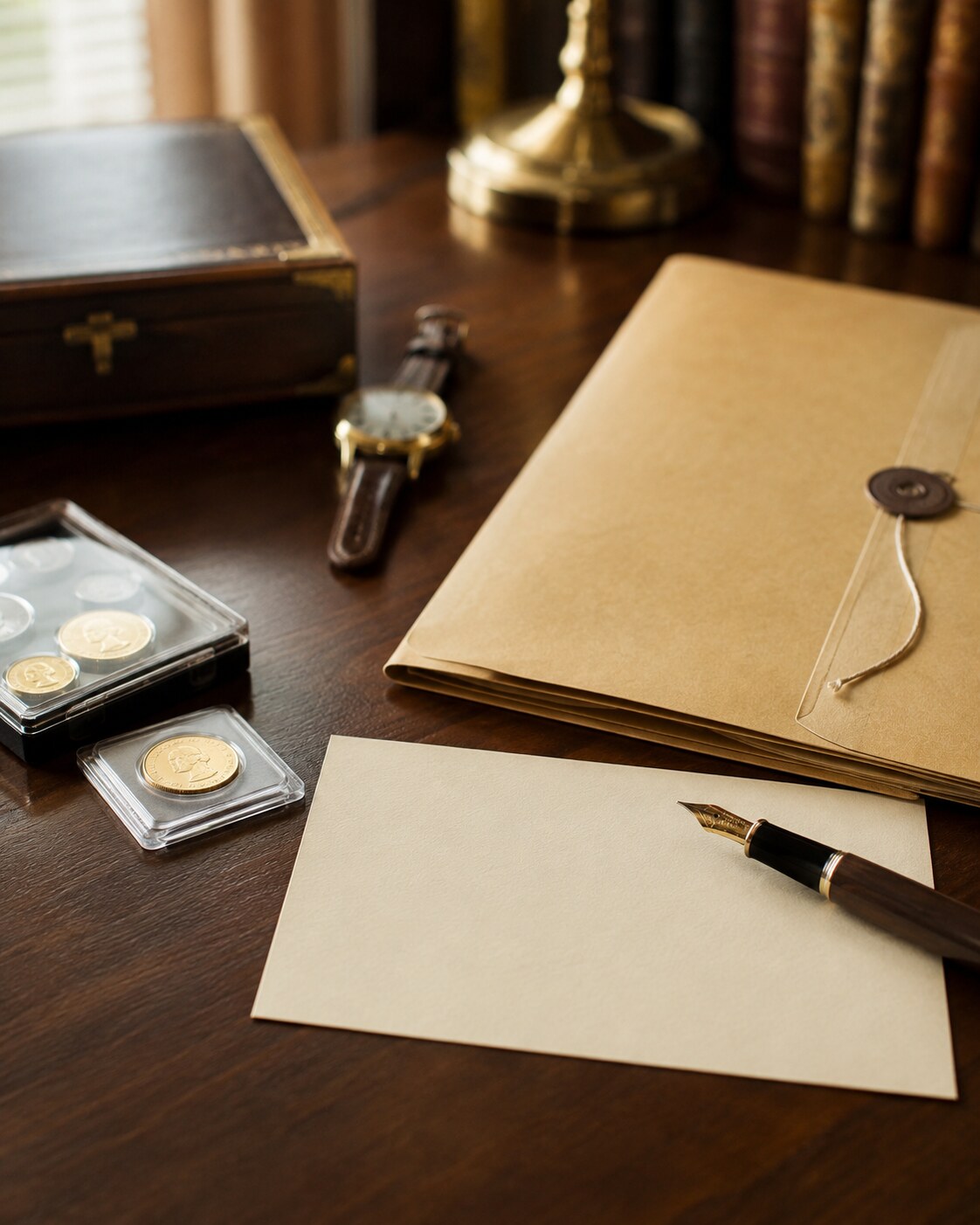 A private estate collection folder, correspondence card, coins, and watch prepared for documentation in Lebanon, Missouri.