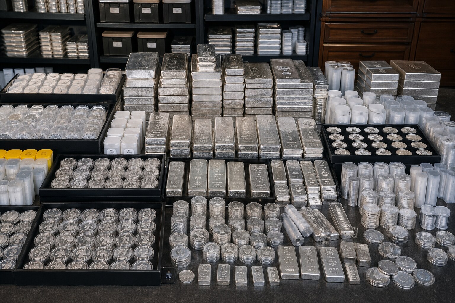 Large silver bullion holding with bars, rounds, coins, and storage tubes