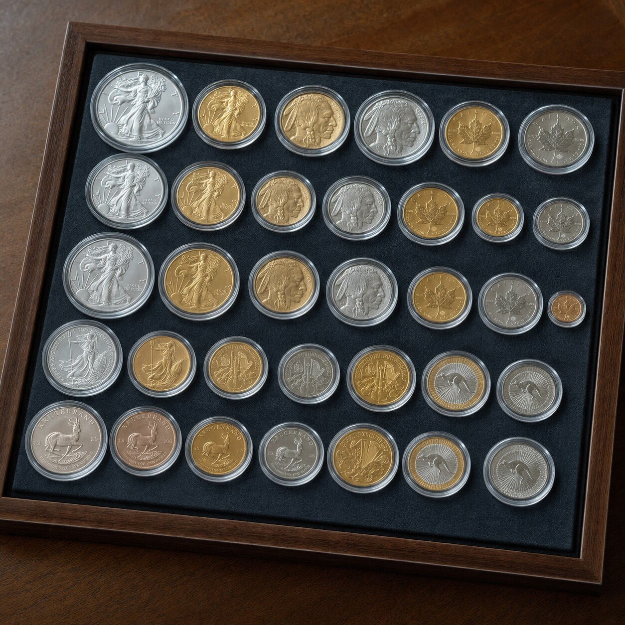 Assortment of gold and silver sovereign bullion coin types arranged in a tray